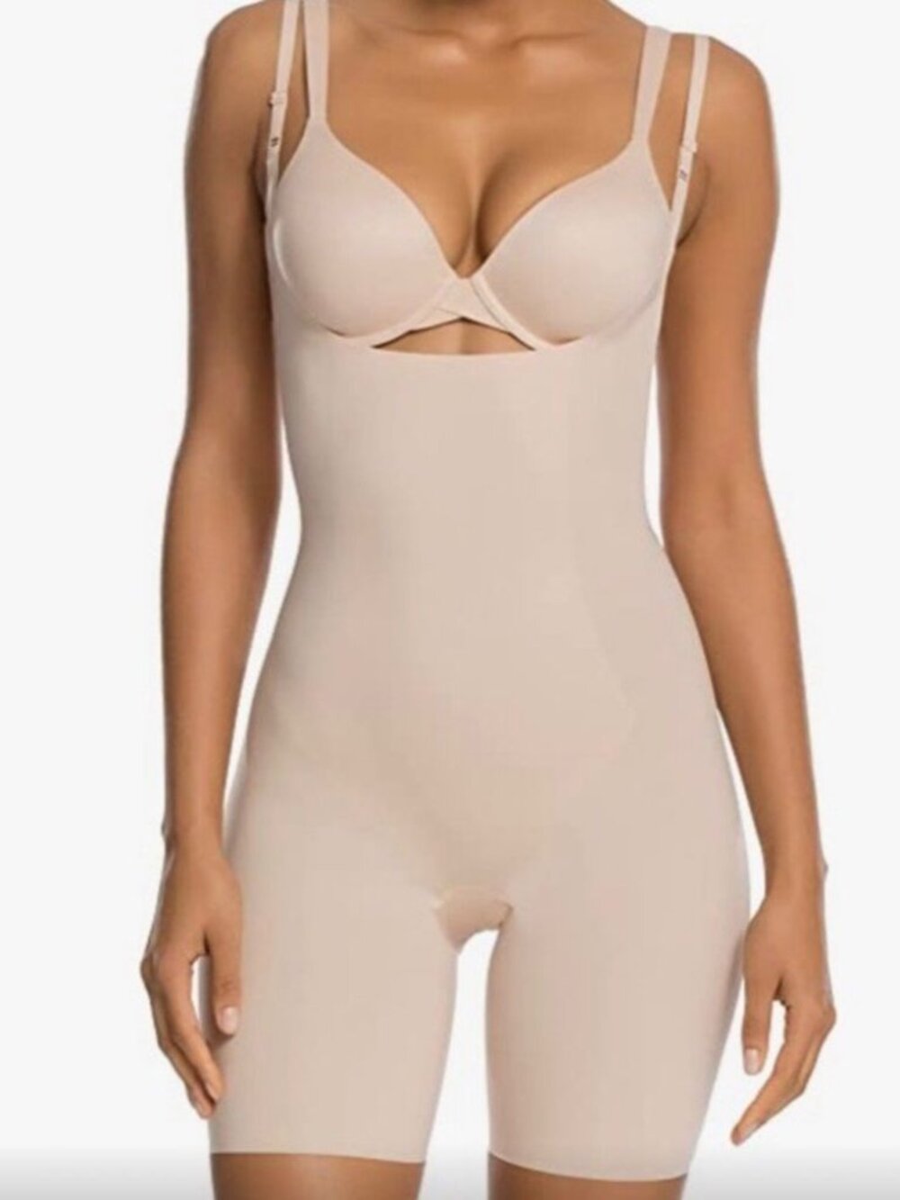 Spanx Thinstincts Open Bust Bodysuit Size L Nude Mid-Thigh Shapewear Stretch